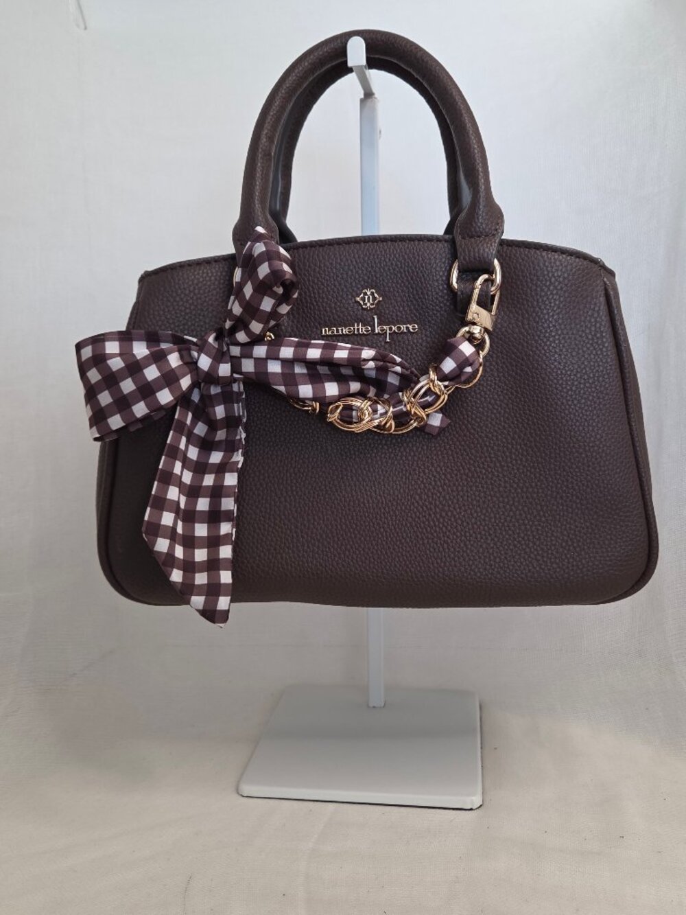Nanette Lepore Brown Pebbled Vegan Leather Satchel Bag with Gingham Bow Accent